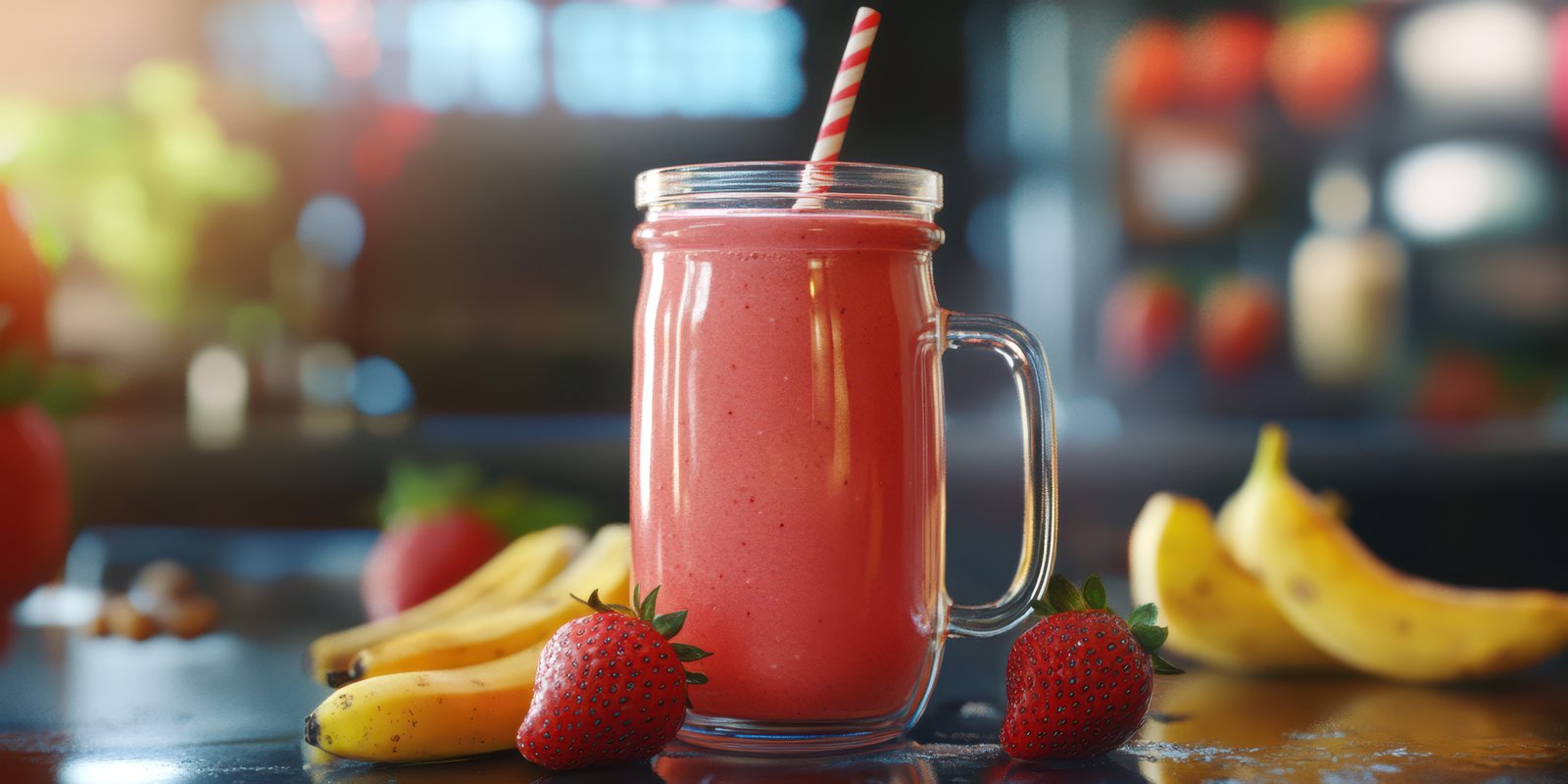 Fresh strawberry and banana smoothie served in glass jar with striped straw in vibrant setting